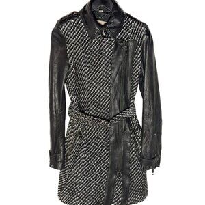 Burberry Black Leather Sleeves Wool Tweed Coat